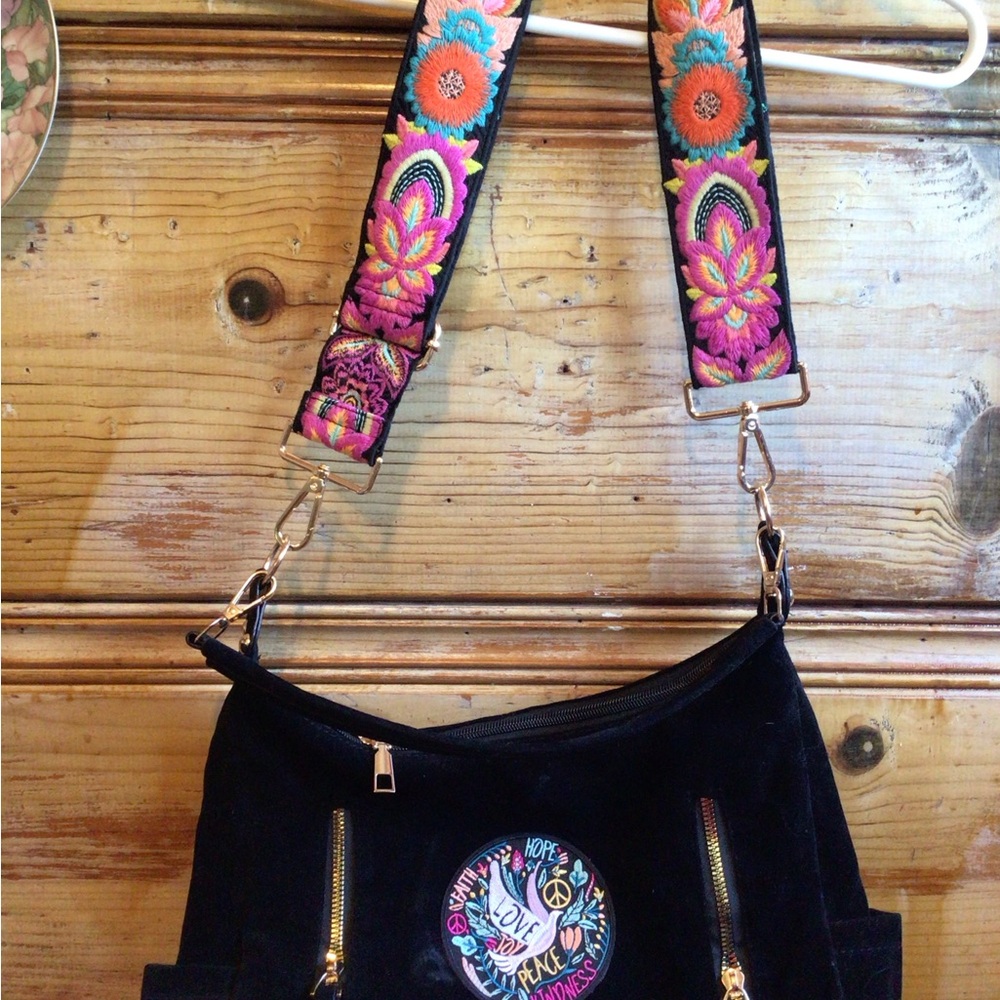 NEW! Upcycled Ruxpinsrags Embroidered Black faux suede Shoulder Bag - Picture 2 of 5